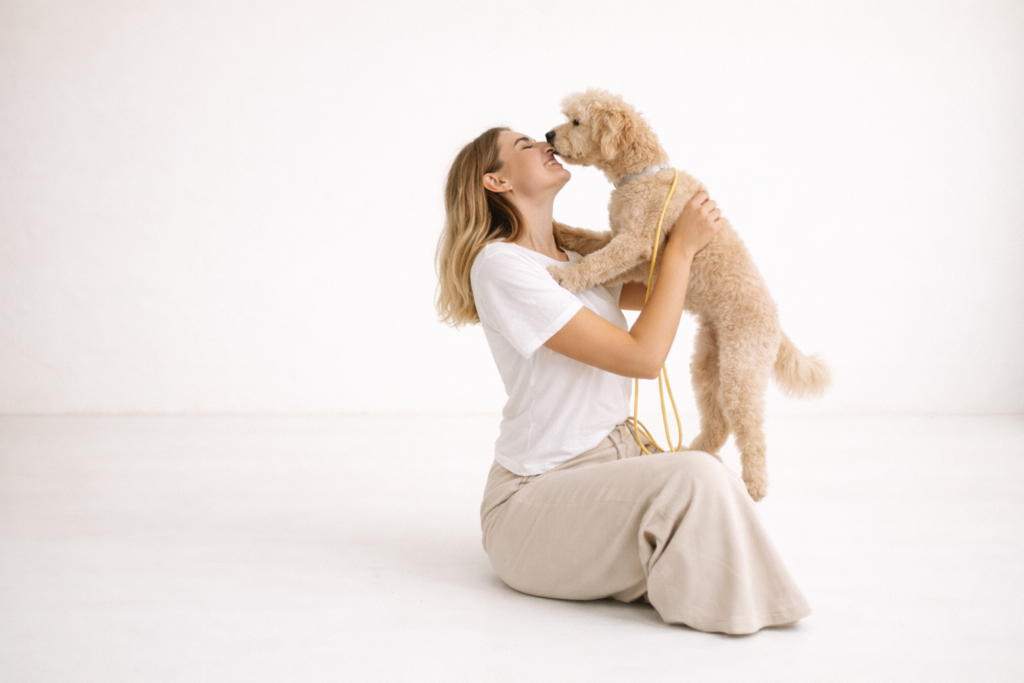 woman and dog sharing a moment